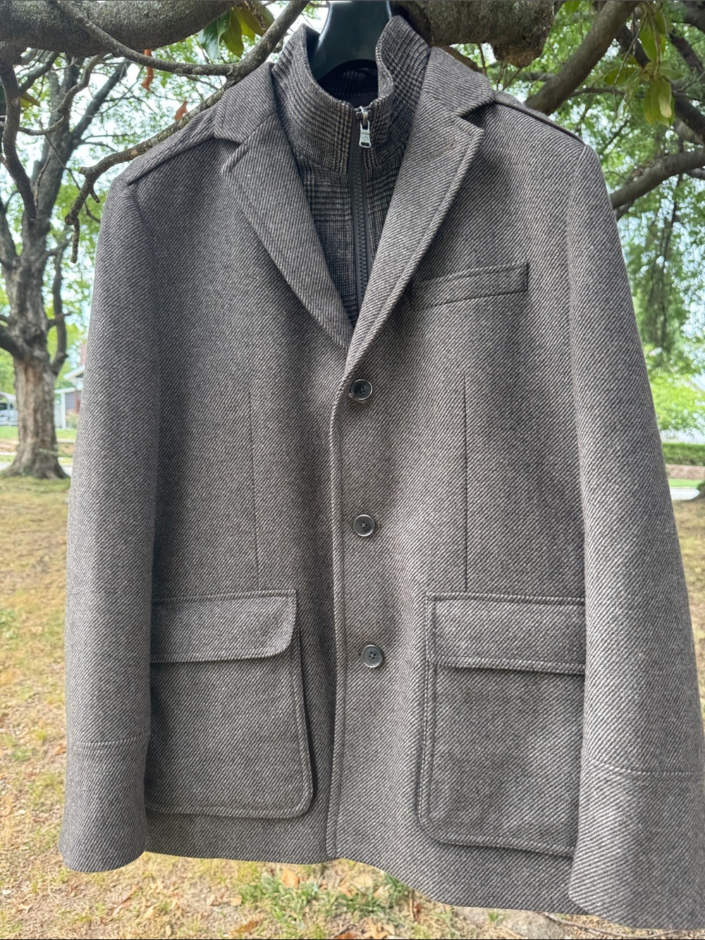 Joseph Abboud Brown Herringbone Pea Coat with removable Vest Men's LG